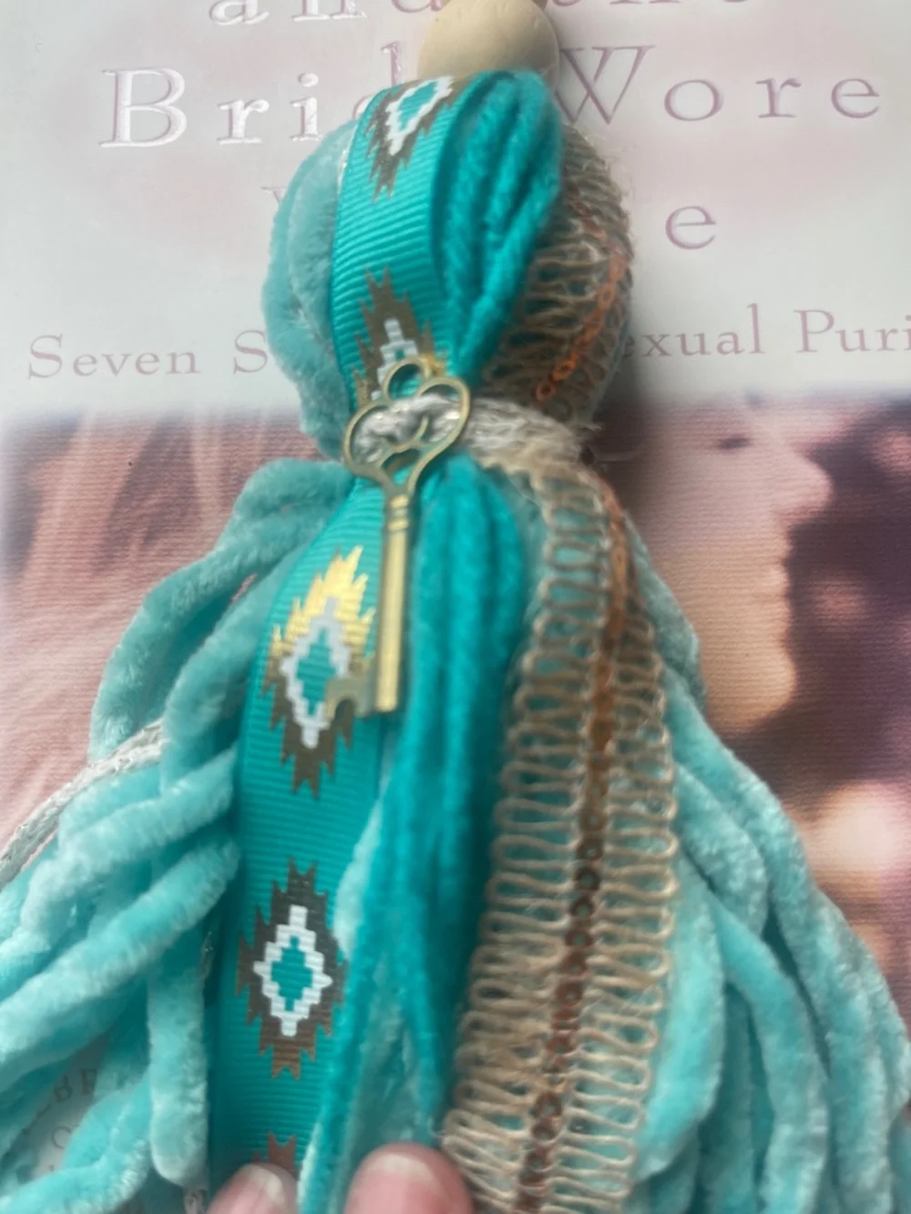 Teal Tassel Charm with Patterned Ribbon - Picture 4 of 4
